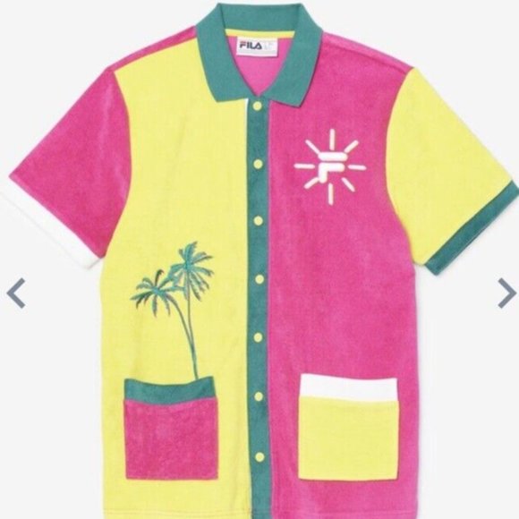 Fila Palani Sz XL Terry Tennis Polo Yellow/Pink Shirt Cotton Blend Embroidered - Picture 2 of 15